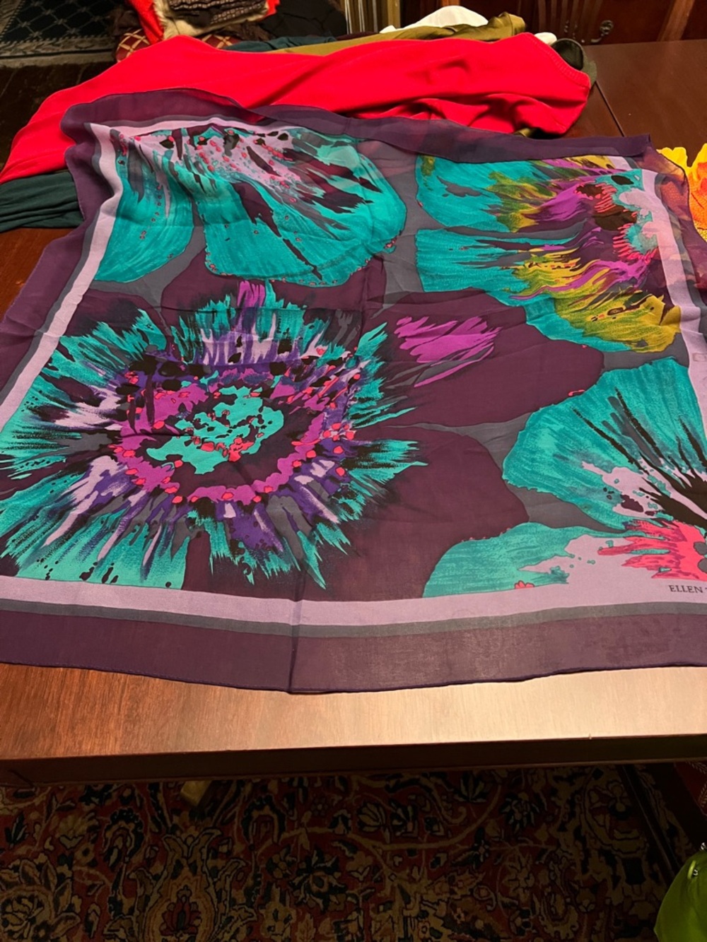 Ellen Tracy Purple, Teal & Coral Floral Silk Scarf